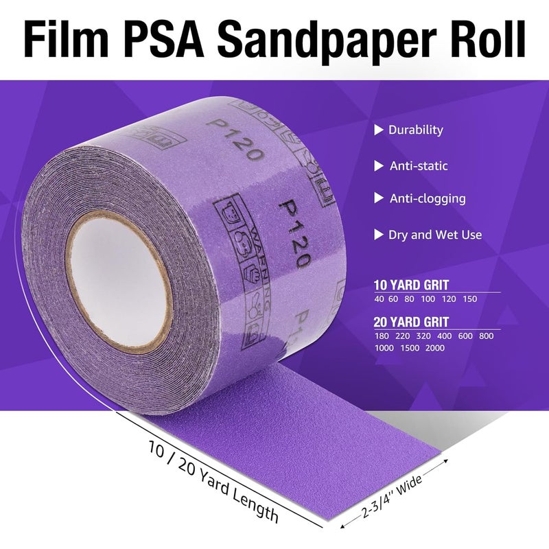FASTPLUS 220 Grit PSA Purple Film Ceramic Sandpaper Roll, 2-3/4" Wide Continuous 20 Yard Longboard Sanding Roll Wet Dry Sanding Blocks Self Adhesive Sticky Back Sanding Sheets for Woodworking Automotive - Image 2